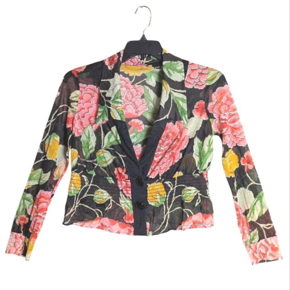 Vintage 70s Sheer Floral Womens Peplum top Blouse Black Orange Pink Yellow L/XL